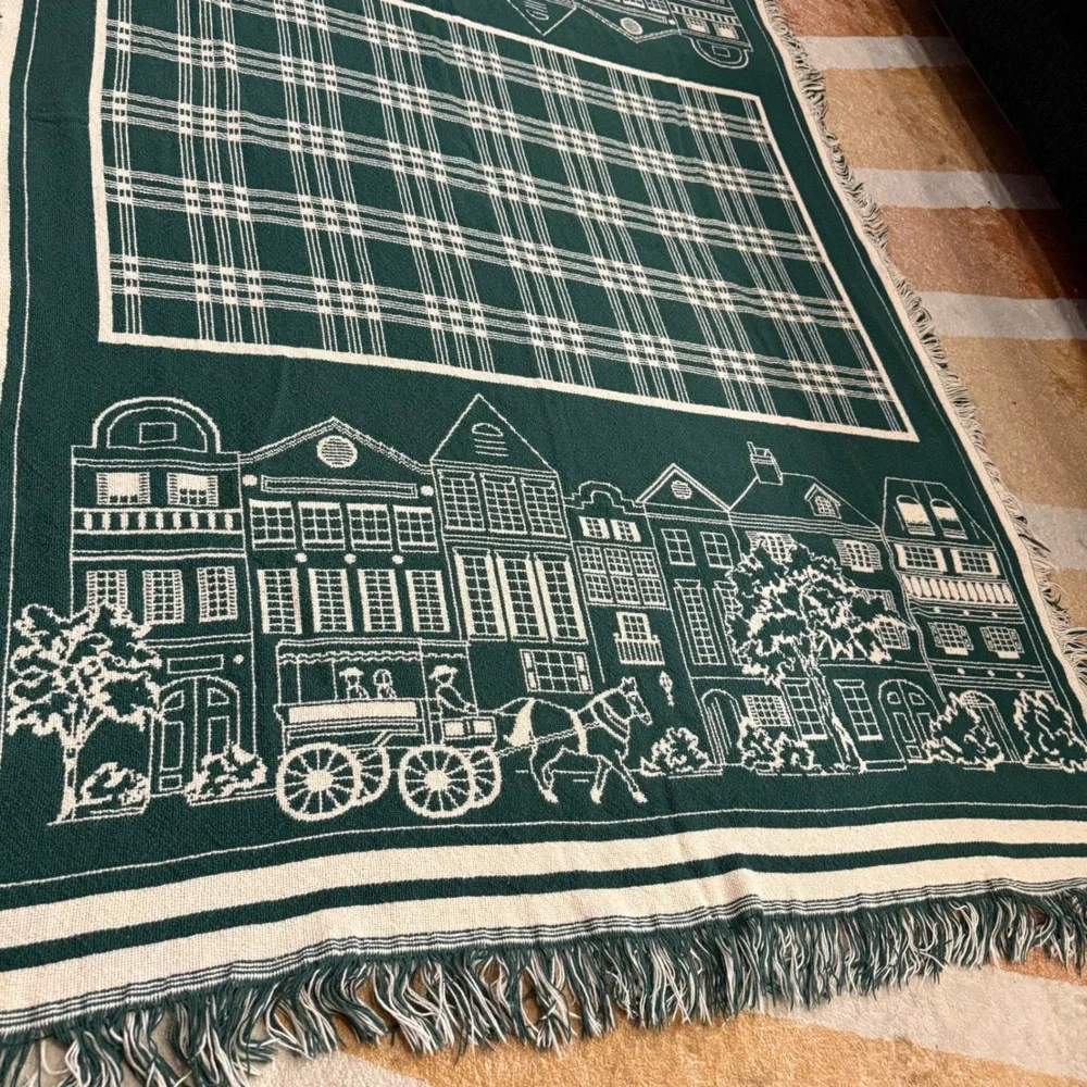 Charleston SC Woven Tapestry Throw Blanket Green Fringe Cotton Colonial Decor